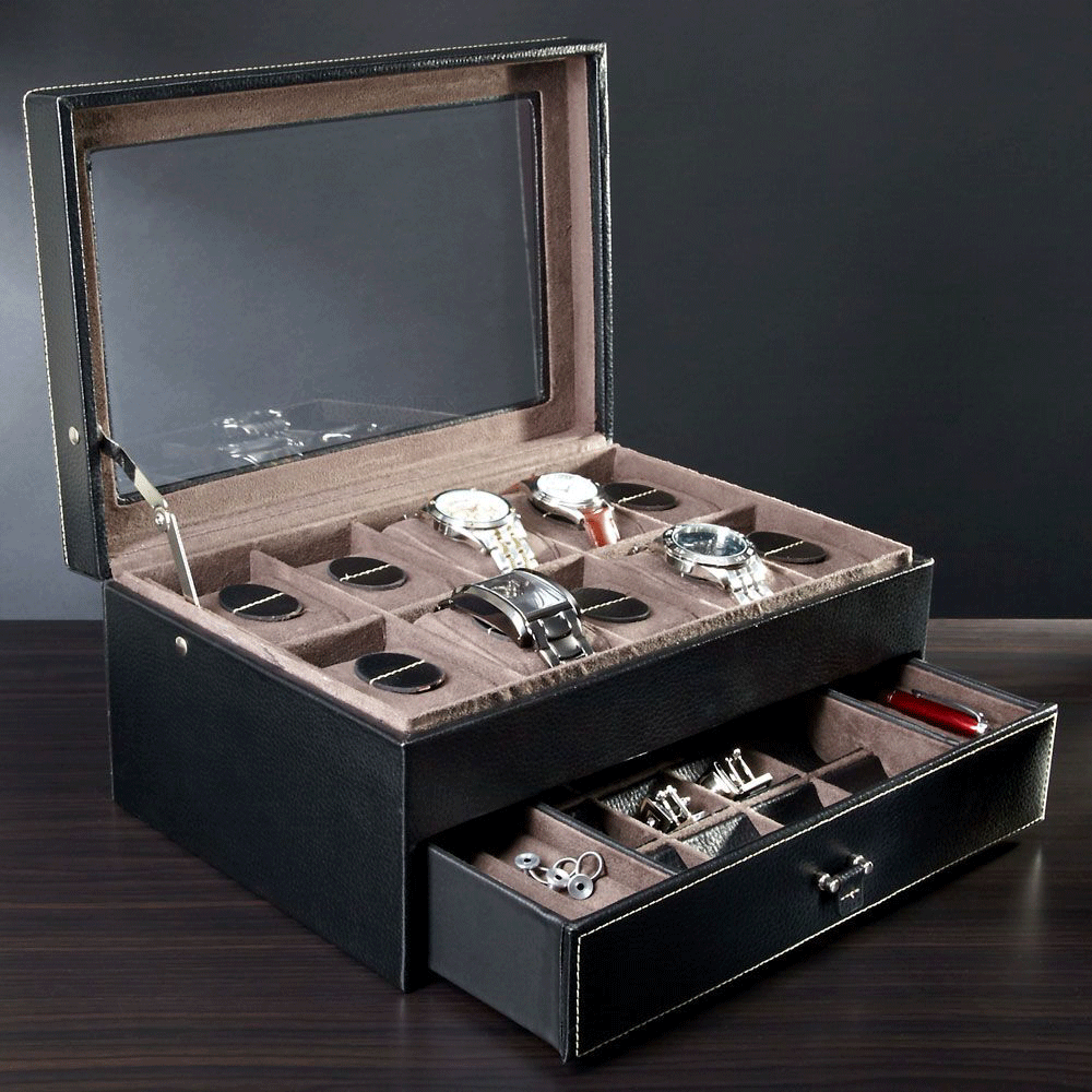 Leather Valet Box and Ten Watch Display Case (Engravable)