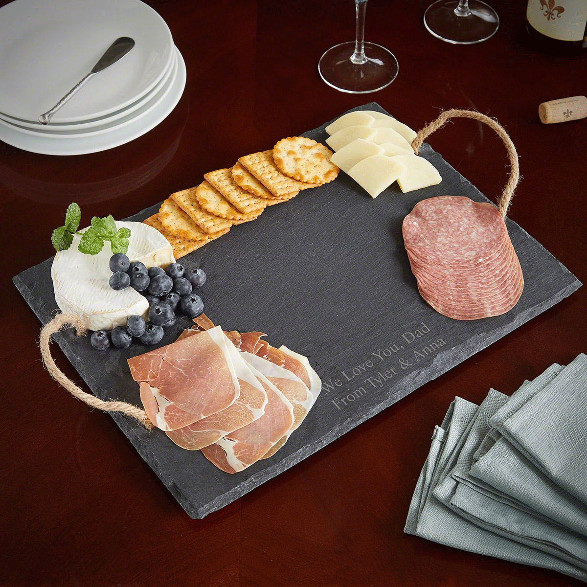 Small Grazing Box + Custom Slate Charcuterie Board with Rope Handles & Red Wine Gift - 1 Bottle