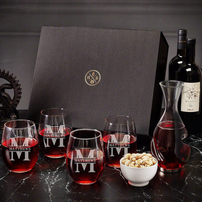 4 Engraved Stemless Wine Glasses, Elegant Aerating Wine Decanter & Pistachios In a Large Gift Box - 1 Red Wine