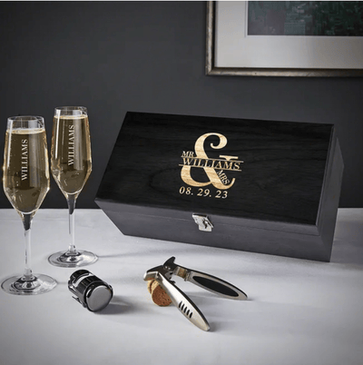 Customizable Champagne Flutes and Chocolate Box Set